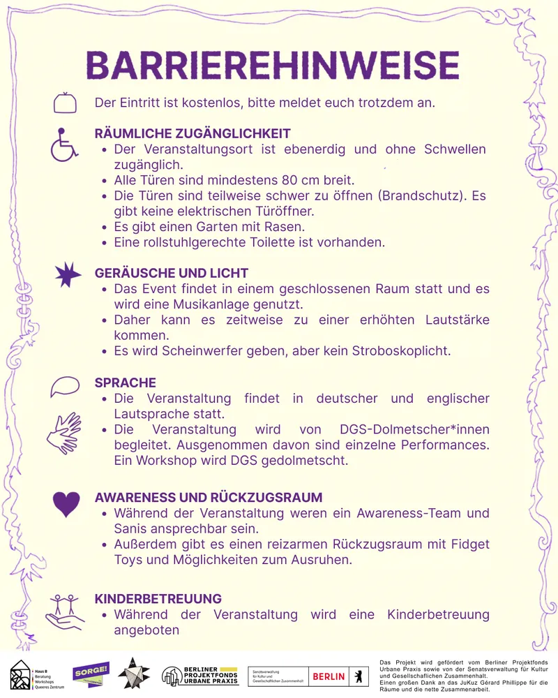 Illustration für Barrierehinweise "Queer in Treptow-Köpenick- we care!"